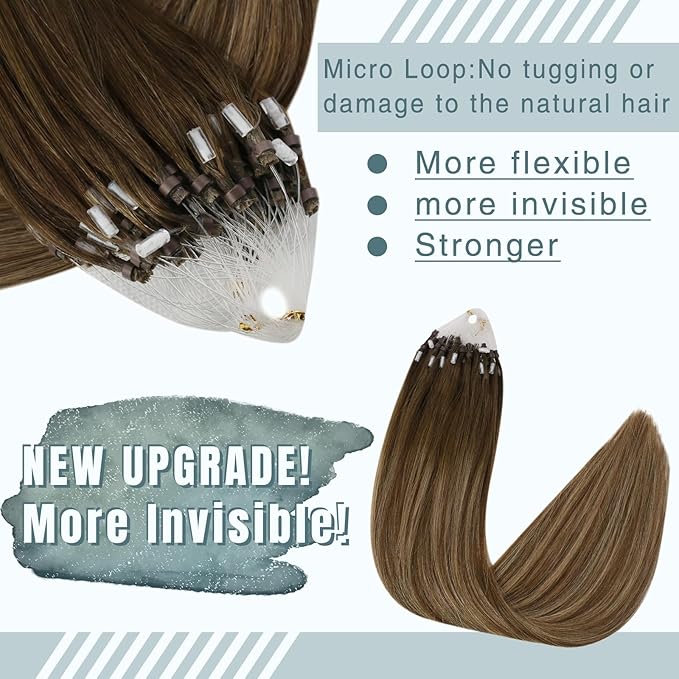Fshine Micro Ring Human Hair Extensions - Middle Brown Fading to Caramel Highlight, Remy Micro Loop, 20 Inch 50g Balayage Straight Hair
