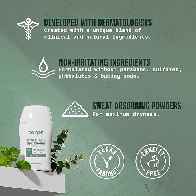 Carpe Underarm Antiperspirant and Deodorant, Clinical strength antiperspirant with all-natural eucalyptus scent, Combat excessive sweating and stay fresh. Great for hyperhidrosis (Pack of 2)