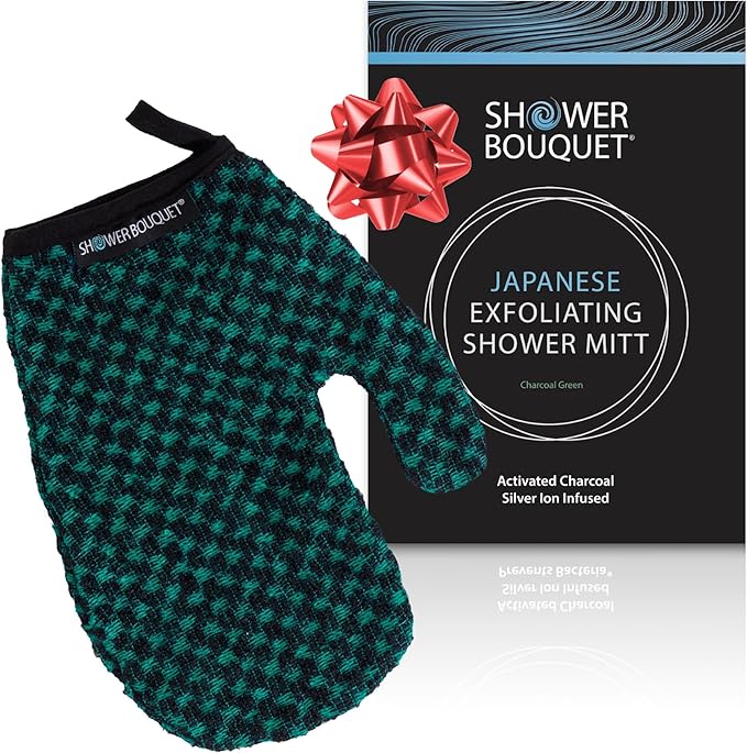 Japanese Exfoliating Mitt for Shower [Green] - Charcoal & Silver Ion Exfoliating Glove - Gentle Exfoliation & Deep Cleansing Shower Mitt - Exfoliating Body Scrubber Glove, Soft Fabric Inside