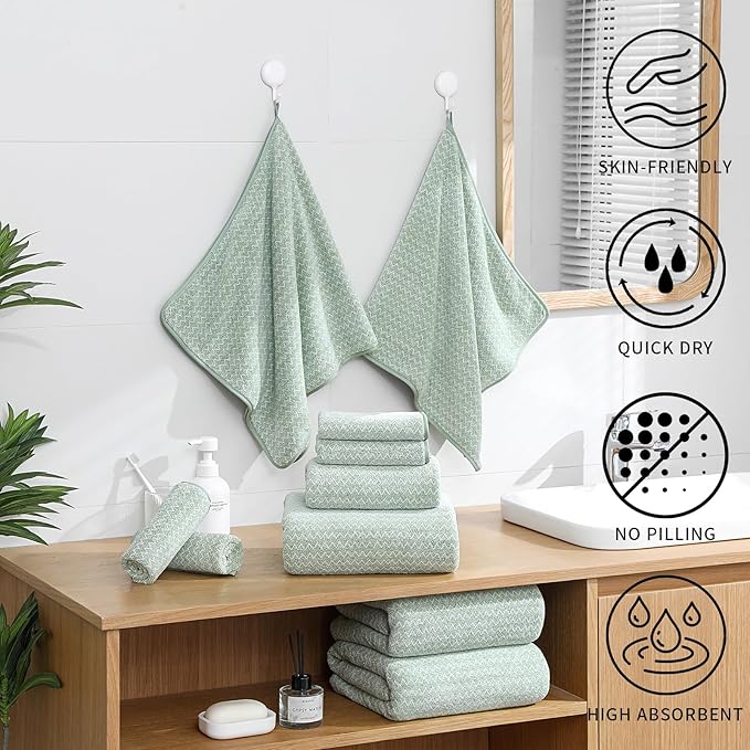 Ultra Soft Bath Towel Set,12 Piece (4 Bath Towels,4 Hand Towels,4 Washcloths) Family Bathroom Towels Set with Hanging Loop,Quick Dry Extra Absorbent Shower Towel for Bathroom,Hotel,Spa-Light Green