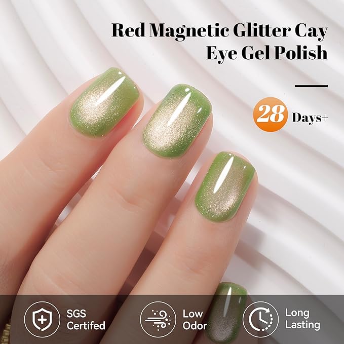 YTD Likomey Cat Eye Gel Nail Polish,Crystal 15ml Guava Green Pink Magnetic Shimmer Shimmer Glitter Jelly Shiny Salon Home Fall Winter UV Nail Varnish with Magnet Stick,HEMA Free TPO Free,MY516