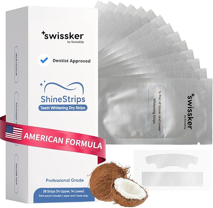 Swissker by Swissklip ShineStrips Teeth Whitening Strips, Enamel Safe, Dentist Formulated, Visible Results in 2–3 Treatments, 28 Strips (14 Upper + 14 Lower)