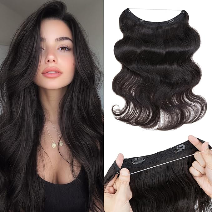 Halo Hair Extensions Real Human Hair,Halo Hair Extension 100% Human Hair,Wire Hair Extensions,Wavy 1B Natural Black 18inch/65g