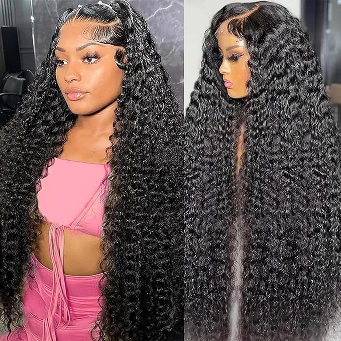 13x6 Deep Wave Lace Front Wigs Human Hair HD Full Lace Frontal Wigs Pre Plucked Bleached Knots 180% Density Deep Curly Human Hair Wig Natural Color 28Inch