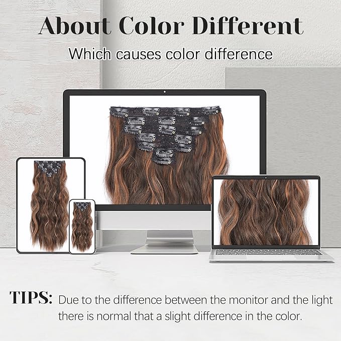 KooKaStyle Hair Extensions, 7PCS Clip in Hair Extension, 20 Inch Auburn Mix Chestnut Long Wavy Natural Soft Thick Hairpieces for Women