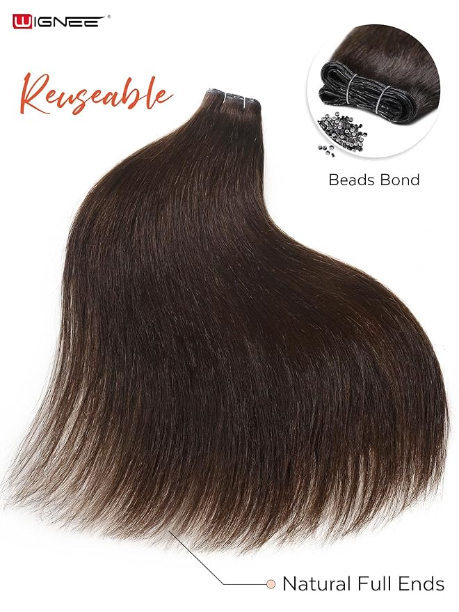 WIGNEE Double Invisible PU OVO Human Hair Extensions 100% Remy Hair Weft Brown Hair Extensions Human Hair 2 PCS 18 Inch No Glue Genius Micro Bead Real Human Hair Extensions (2)