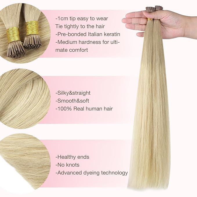 GOO GOO I Tip Hair Extensions, Real Human Hair, 16inch 100g 200S, Cold Fusion, Invisible Remy, Natural Blonde Balayage