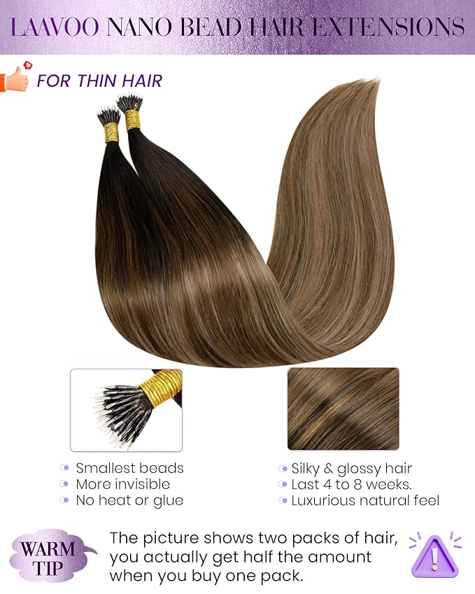 LaaVoo Nano Bead Hair Extensions Human Hair Balayage Darkest Brown Ombre Medium Brown to Ash Blonde Nano Ring Hair Extensions 24 Inch Nano Extensions Real Human Hair 50s 50g
