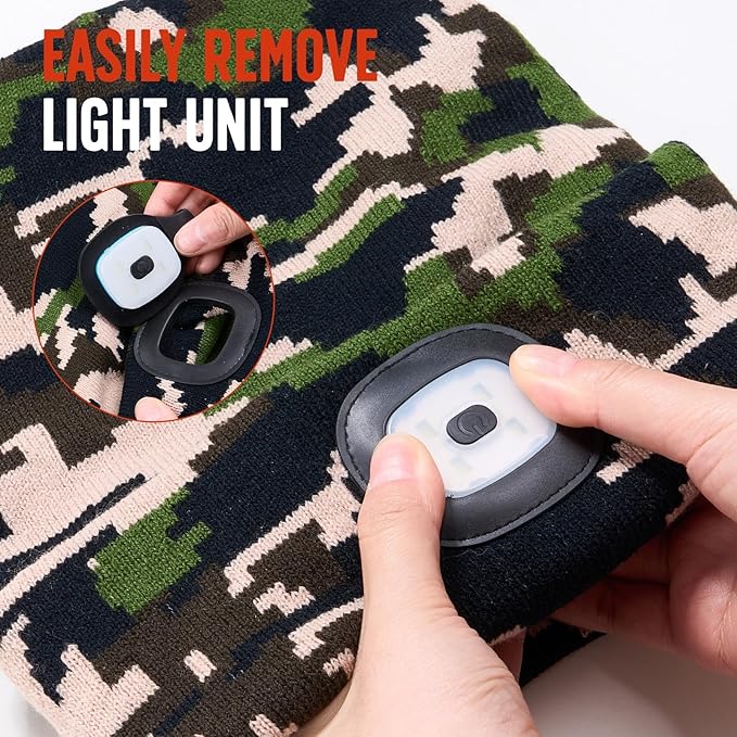 Unisex Beanie Hat with Light, Rechargeable Headlight Cap, Stocking Stuffers for Men, Cool Gadget Gifts for Him, Birthday Gifts for Women, Gifts for Him, Camouflage