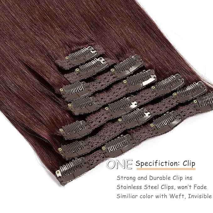 Caliee Human Hair Extensions Clip ins Wine Red Extensions Clip in Real Hair Extensions 100% Remy Human Hair 22 Inch Lace Weft Color 99J Wine Red Human Hair Clip in Extensions Thick 7PCS 140G