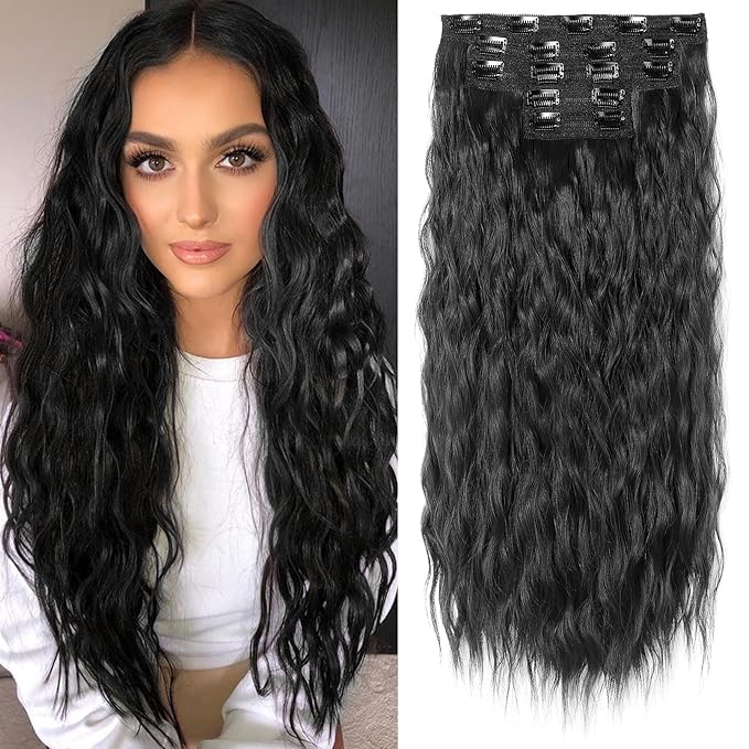 Clip in Hair Extensions, REECHO 5PCS Brown Hair Extensions 24" Thick Long Loose Waves hair extensions HE002 Invisible Lace Weft Natural Soft Hairpieces for Women – Jet Black