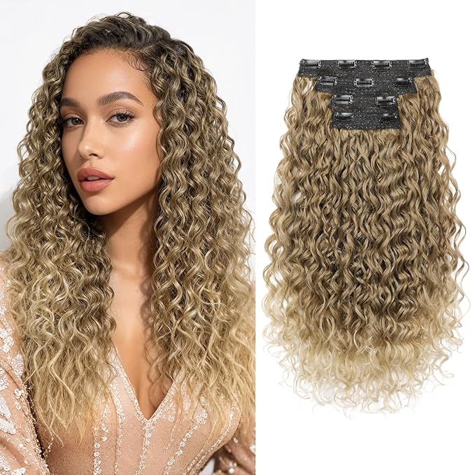 FLUFYMOOZ Clip in Hair Extensions, 18'' 4PC 100％ Pure Protein Silk Curly Hair extension for Women Lace Weft Hairpiece Natural Soft and comfortable for Daily Use-Dark Blonde to Light Brown