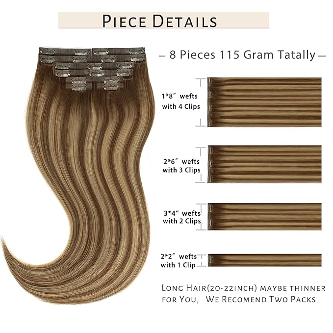 Caliee Brown Clip in Hair Extensions Real Human Hair Invisible PU Weft Clip in Hair Extensions R4-4/27 Highlighted Chocolate Brown to Caramel Blonde Natural Remy Human Hair Extensions 18Inch 8Pcs 115G