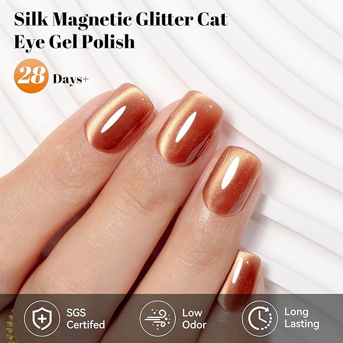 YTD Likomey High Shine Glass Cat Eye Gel Nail Polish,15ml Gold Brown Magnetic Holographic Glitter Translucent Jelly Salon Home Fall Winter UV Color Varnish with Magnet Stick,HEMA Free TPO Free,MY506