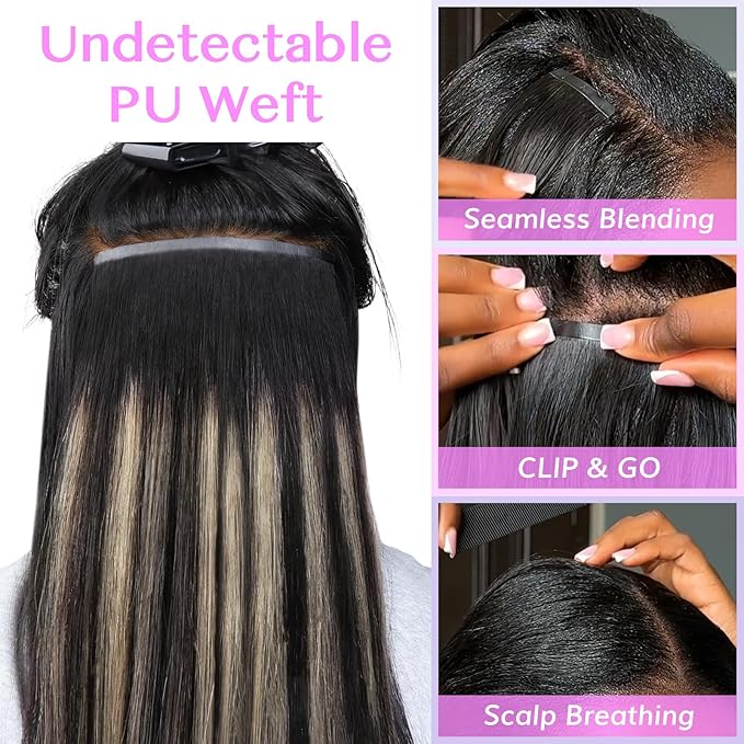 IDN BEAUTY Seamless Clip In Hair Extensions Human Hair, Straight 110g 24 Inch, 1B/19/1B Natural Black to Light Blonde Remy Hair Seamless Clip Ins For Black Women PU Weft Invisible Edge 7pcs
