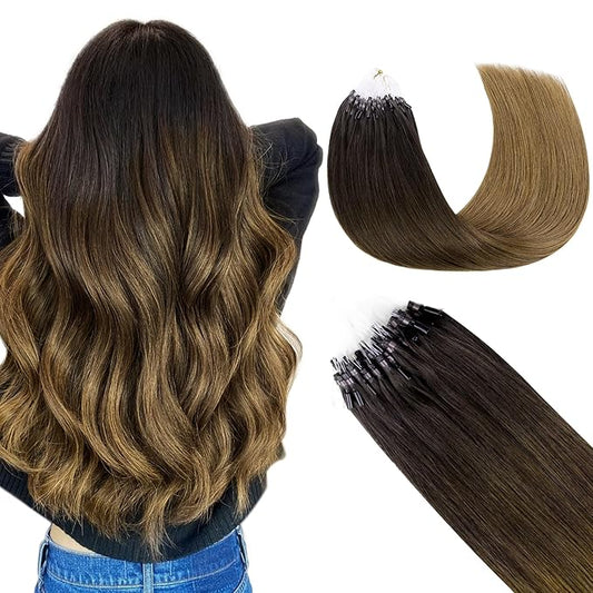 GOO GOO Micro Link Tip Hair Extensions, Real Human Hair, 24inch 50g 50S, Cold Fusion, Invisible Remy, Chocolate Dip Color Melt