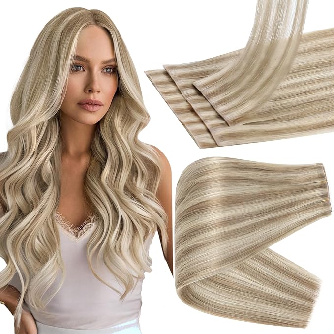Full Shine Injected Seamless Clip in Hair Extensions 18 Inch Light Blonde Highlighted Golden Blonde Invisi Edge Clip in Hair Extensions Natural Ends 6 PCS 120 G