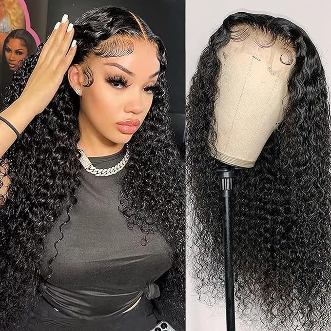 13x6 Water Wave Lace Front Wigs Human Hair 200 Density Glueless Wigs Human Hair Pre Plucked Curly Hair Wig for Black Women Natural Color 24 Inch