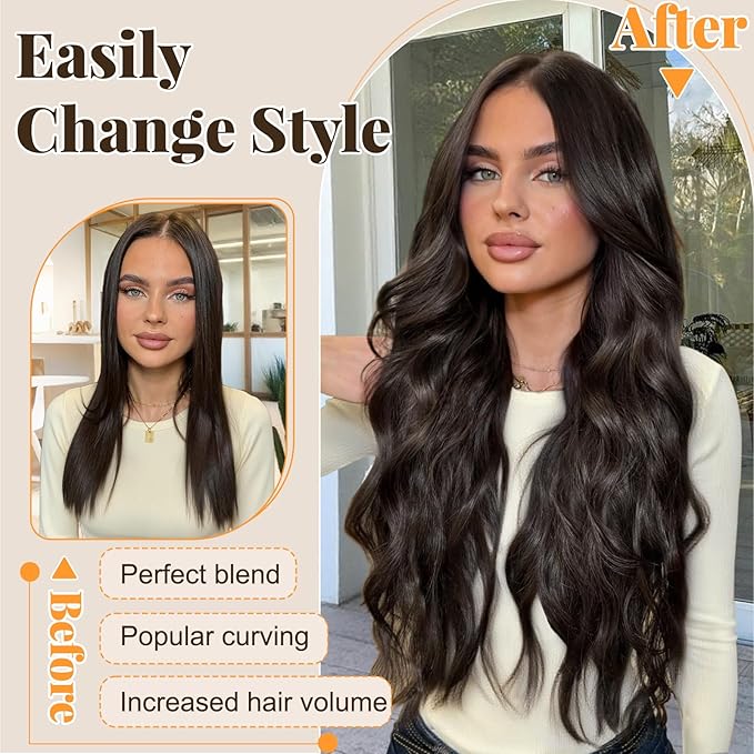 ALXNAN Clip in Long Wavy Synthetic Hair Extension 4PCS 24 Inch Dark Brown Thick Hairpieces Fiber Double Weft Hair for Women