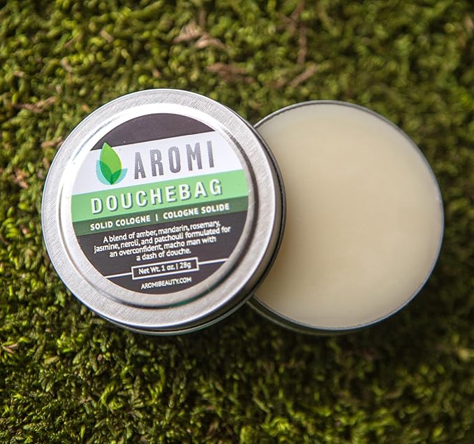 Aromi Solid Cologne | Clean, Fresh, + Aquatic Fragrance, Amber, Jasmine Scent, Vegan, Cruelty-free, Travel, Funny Men's Gift, Alcohol-free, Stocking Stuffer (Douchebag)