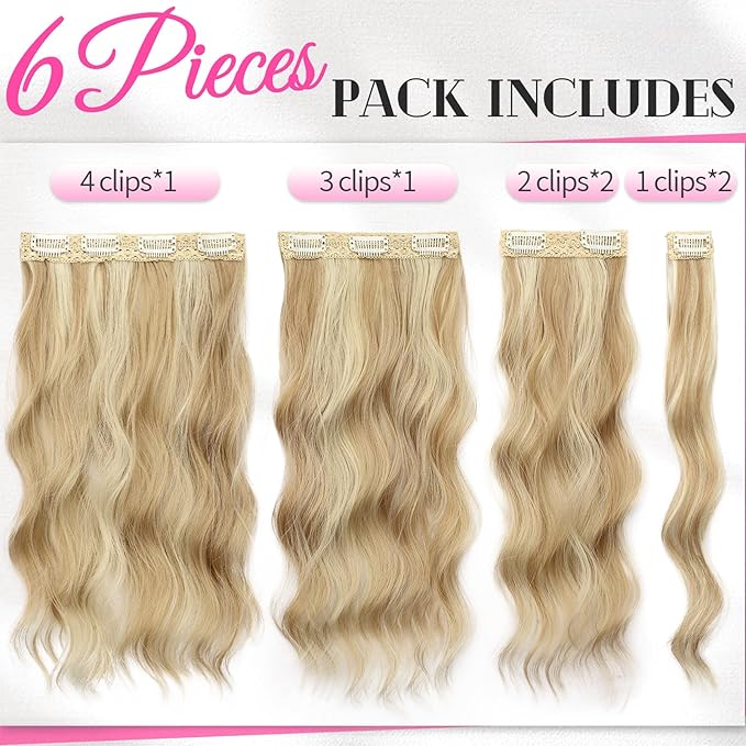 KooKaStyle Short Hair Extensions 6PCS 14 Inch Wavy Curly Hairpieces Synthetic Soft Lace Weft Clip in Hair Extensions-Light Brown mix Highlight Blonde for Women