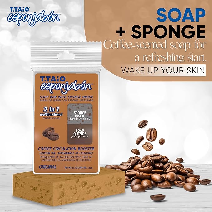 T.Taio Coffee Esponjabon Soap Sponge - Cleansing Shower Scrubber - Cleaning Bath Wash Scrub - Oil Removal - Massage & Lather Foot, Elbow, & Face - Bathroom Accessories (2-Pack)
