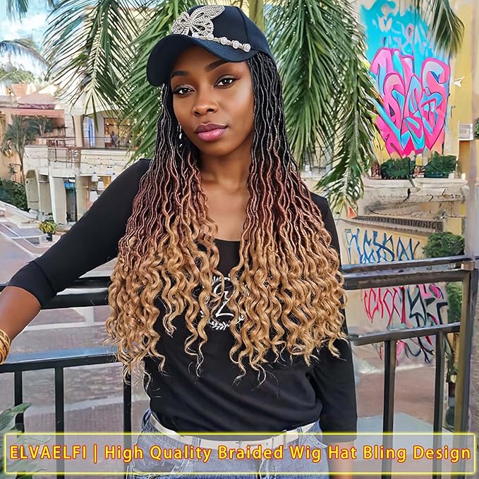 Bling Butterfly Cap w/20 inch Goddess Curls Faux Locs Crochet Hair Extensions, Ombre Brown Wigs with Curly Ends