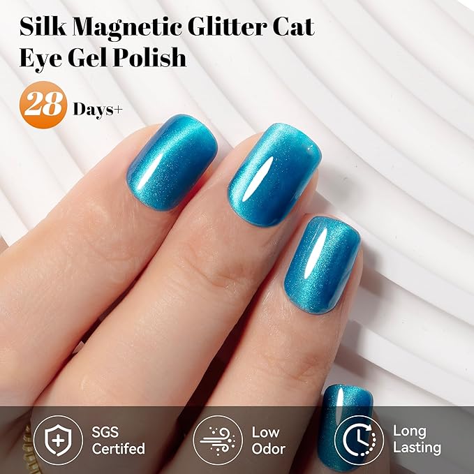 YTD Likomey High Shine Glass Cat Eye Gel Nail Polish,15ml Bright Blue Magnetic Shimmer Glitter Translucent Jelly Salon Home Fall Winter UV Color Varnish with Magnet Stick,HEMA Free TPO Free,MY505
