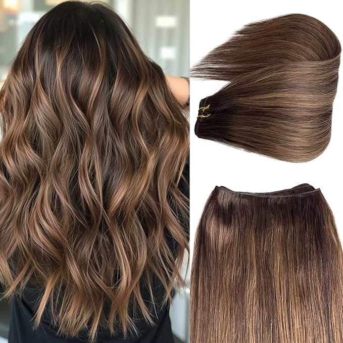 Brown Balayage Weft Hair Extensions Human Hair Sew in Hand Tied Hair Extensions Real Human Hair 22 Inch 120G Long Straight Light Chestnut Highlight Hair Bundles with Brown Roots