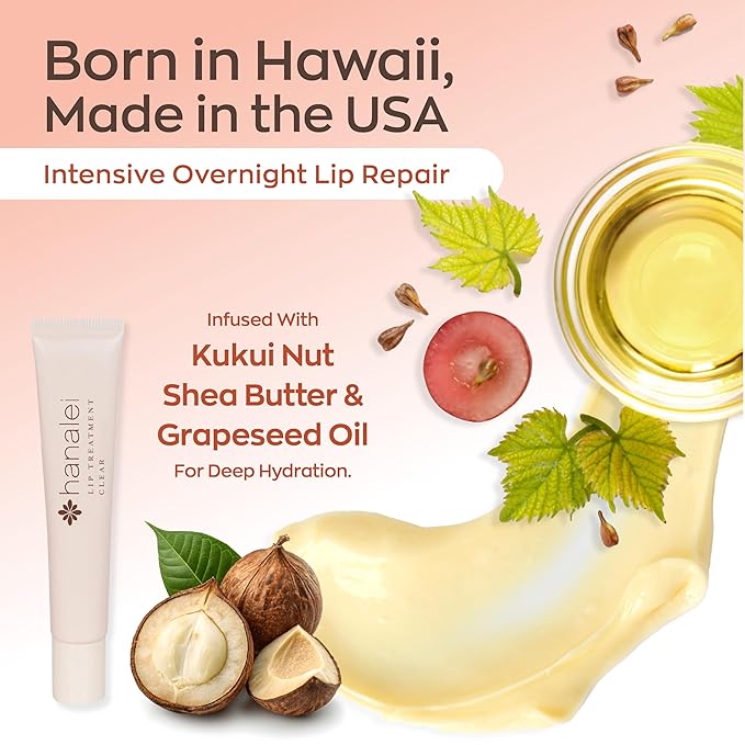 Hanalei Lip Treatment for Dry, Chapped Lips – Intensive Overnight Moisturizer with Kukui Oil, Shea Butter & Grapeseed Oil – Hydrating Balm for Healing Cracks – Clear Tint, Full-Size 15g – Cruelty-Free