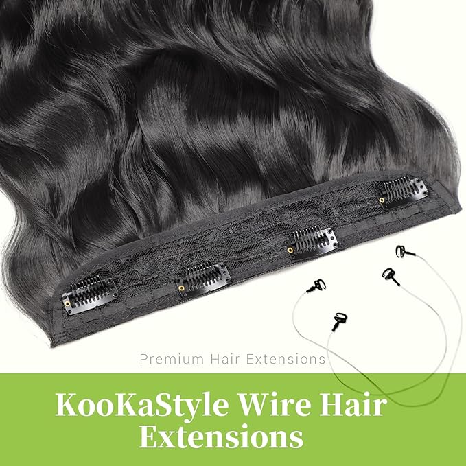 KooKaStyle Invisible Wire Hair Extensions with Transparent Headband Adjustable Size 4 Secure Clips Black Long Wavy Hairpiece 20 Inch for Women