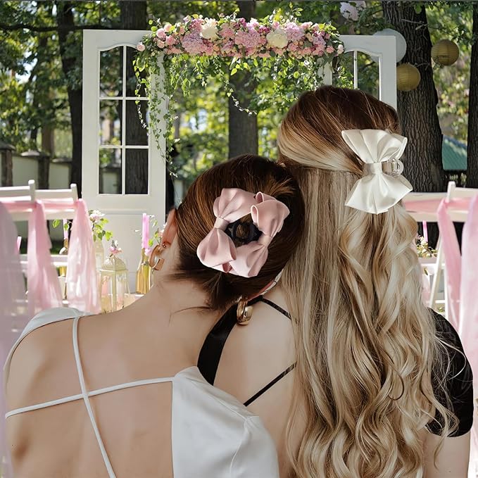 Bow Claw Clip,StrongHold Cute Bow Hair Claw Clips for Women Girls,Nonslip Silky Big Hair Bows Ribbons for Hair Claws,Large Claw Clips for Thick/Thin Hair Styling Accessories Gifts (white,pink)