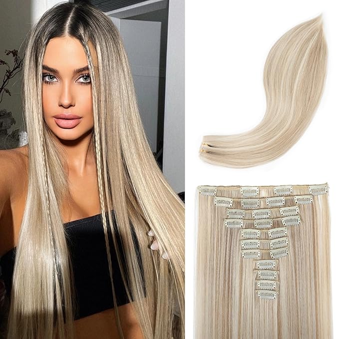 REECHO Hair Extensions, 11PCS Clip in Hair Extensions 24" Long Straight hair extensions HE005 Natural Soft Synthetic Hairpieces for Women – Honey Blonde with Highlights