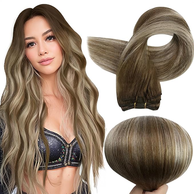 Full Shine Weft Hair Extensions Human Hair 24 Inch Sew In Hair For Women Sew In Extensions Remy Straight Hair Weft Extensions #6/60/6 Invisible Hair Weft