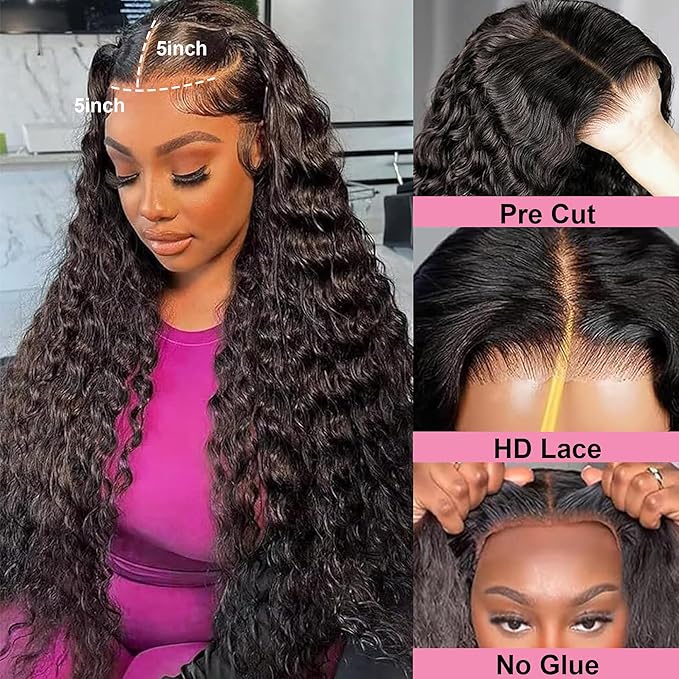Wear and Go Glueless Wigs Human Hair Pre Cut 200% Density Water Wave 5x5 HD Lace Closure Wigs Human Hair with Baby Hair Pre Plucked Natural Hairline Wet and Wavy Wig for Women 28 Inch