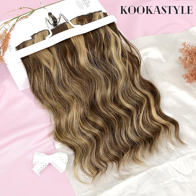 KooKaStyle Short Hair Extensions 6PCS 14 Inch Wavy Curly Hairpieces Synthetic Soft Lace Weft Clip in Hair Extensions-Light Brown with Caramel Blonde for Women