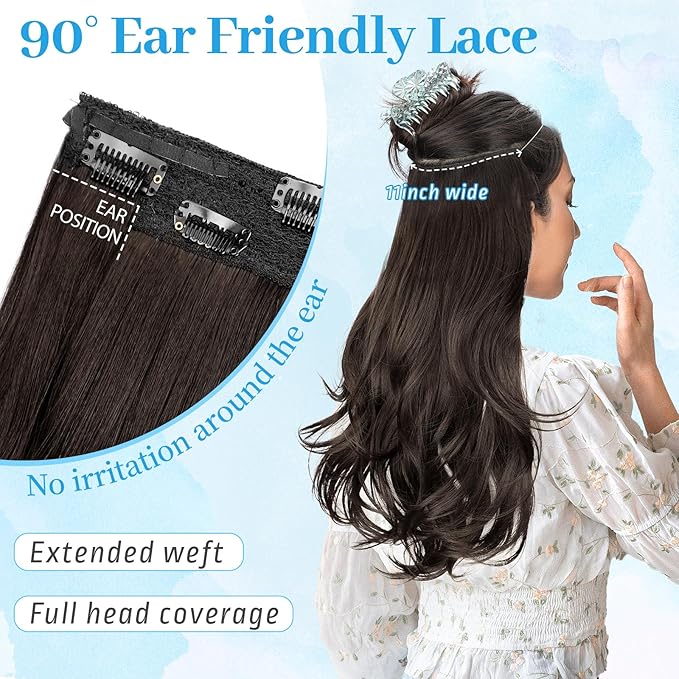 KooKaStyle Invisible Wire Hair Extensions Long Wavy Layered Synthetic Hair Extensions with Transparent Wire Adjustable Size 6 Secure Clips Dark Brown/6# Hairpieces for Women 16 Inch