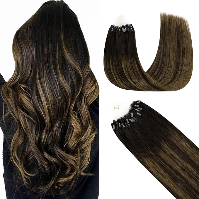 GOO GOO Micro Link Tip Hair Extensions, 22inch 50g 50S, Cold Fusion Invisible Remy Human Hair, 1B/6/1B Balayage Natural Black to Chestnut Brown