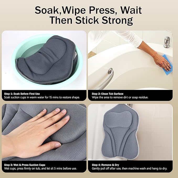 Bath Pillow for Tub - PYRRHIC Luxury Bathtub Pillow 5D Mesh with Neck & Back Support Non-Slip Suction Cups Fast Drying Soft Spa Pillow Relaxing Bath Accessories with Hook Laundry Bag Grey