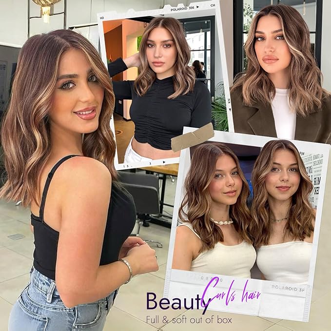 Brown Highlight Short Wavy Wig for Women Lace Hairline Bob Style Synthetic Heat Resistant - Natural Appearance for Everyday Hairstyle 18 Inch