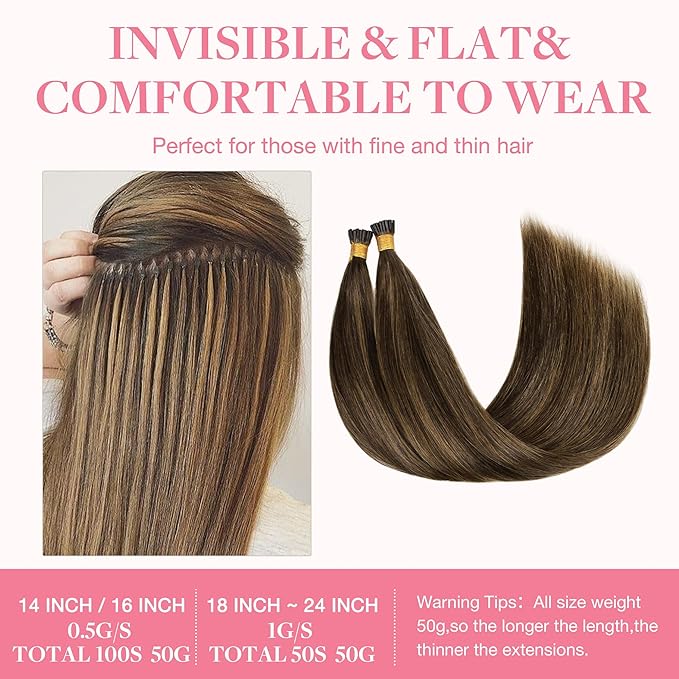 GOO GOO I Tip Hair Extensions Real Human Hair, 22inch 50g 50S, Cold Fusion I Tip Hair Extensions, Invisible Remy Hair Extensions, 2C/4E/6C Brown Sugar Swirl Highlights