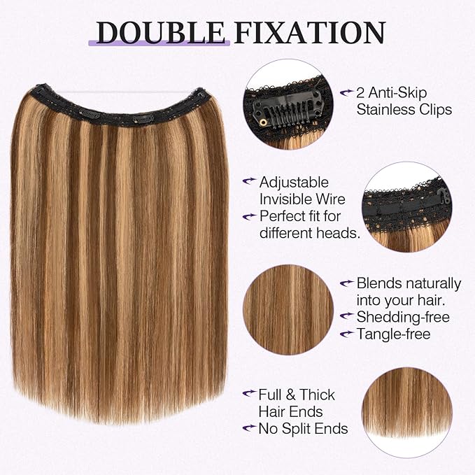 Halo Hair Extensions Real Human Hair,Halo Hair Extension 100% Human Hair, Wire Hair Extensions,Straight 4P27 Medium Brown Mixed Dark Blonde 14inch/60g