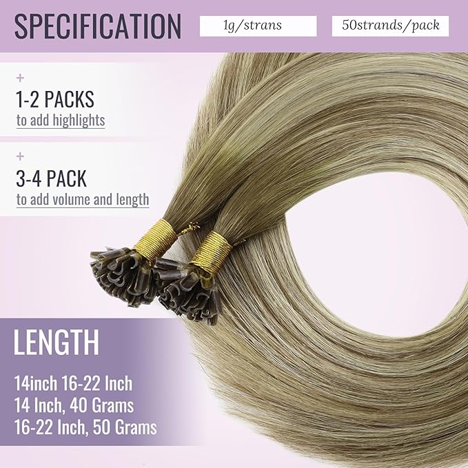 Fshine Ombre Pre Bonded Hair Extensions Remy Hair Dark Brown Fading to Light Brown and Golden Blonde U Tip Human Hair Extensions Hot Fusion Real Hair Extensions 16 Inch 40g