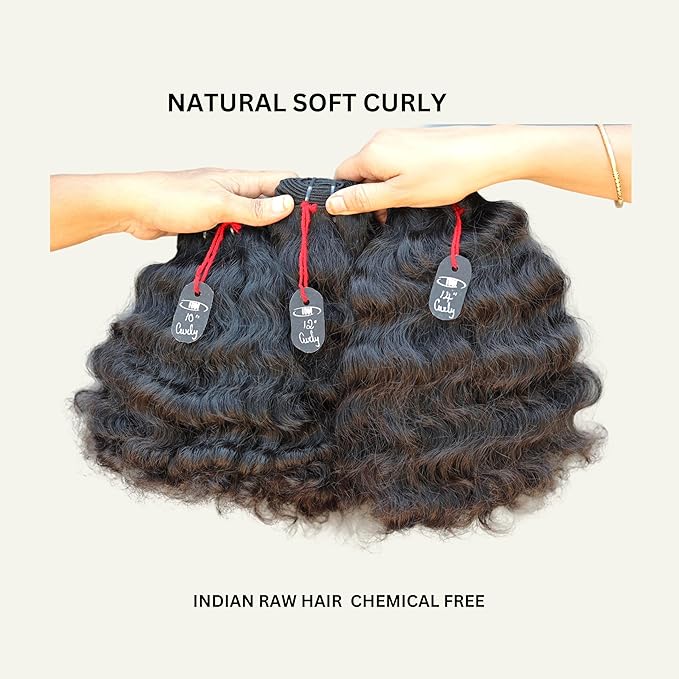 IDM Natural Raw Indian Hair Weft Bundles, Soft Curly, 100% Human Hair (10"12"14" Curly 3Bundles)