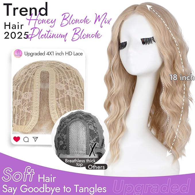 Honey Blonde Mix Platinum Blonde Short Wavy Wig for Women Lace Hairline Bob Style Synthetic Heat Resistant - Natural Appearance for Everyday Hairstyle 18 Inch
