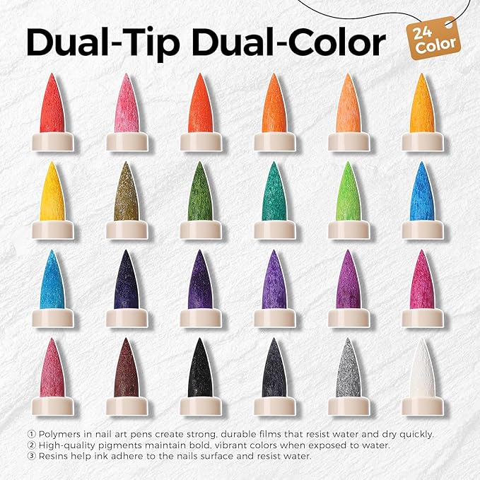 24 Colors Nail Art Pens Set, Professional Nail Polish Markers with Fine Tip & Dotting Brush, MarkerPen Quick-Drying 3D Acrylic Paint for DIY Nail Art Design, Home and Salon Manicure Tools