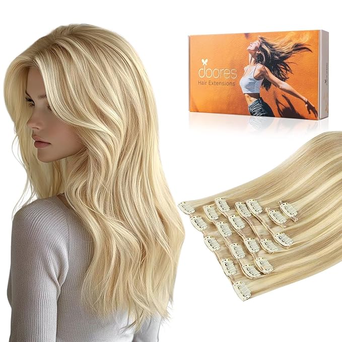 DOORES Clip-in Human Hair Extensions, Dirty Blonde Highlight Golden Blonde, 80g 7pcs 12 Inch, Real Remy Hair, Natural Straight