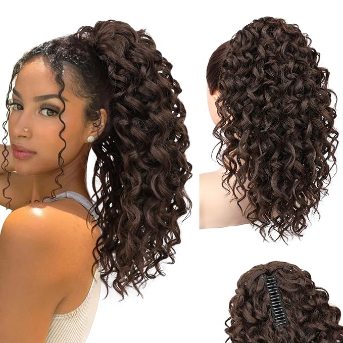 SEIKEA Ponytail Extension, 18" Claw Clip Ponytail Extension Wavy Curly Jaw Clip in Ponytail Hair Extensions Fluffy Natural Soft Fake Pony Tails Synthetic Hairpiece Dark Chocolate Brown
