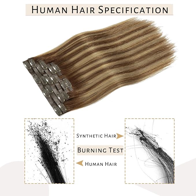 Caliee Brown Clip in Hair Extensions Real Human Hair Invisible PU Weft Clip in Hair Extensions R4-4/27 Highlighted Chocolate Brown to Caramel Blonde Natural Remy Human Hair Extensions 18Inch 8Pcs 115G
