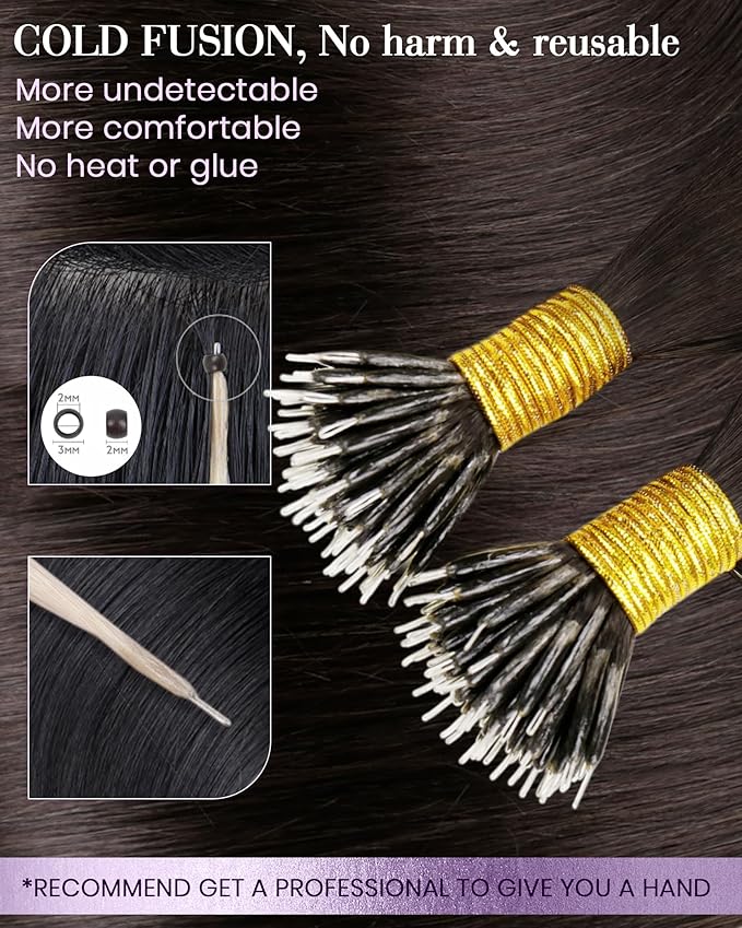 LaaVoo Darkest Brown Nano Bead Hair Extensions Human Hair Brown Nano Ring Hair Extensions Brown 50s 50g 18 Inch